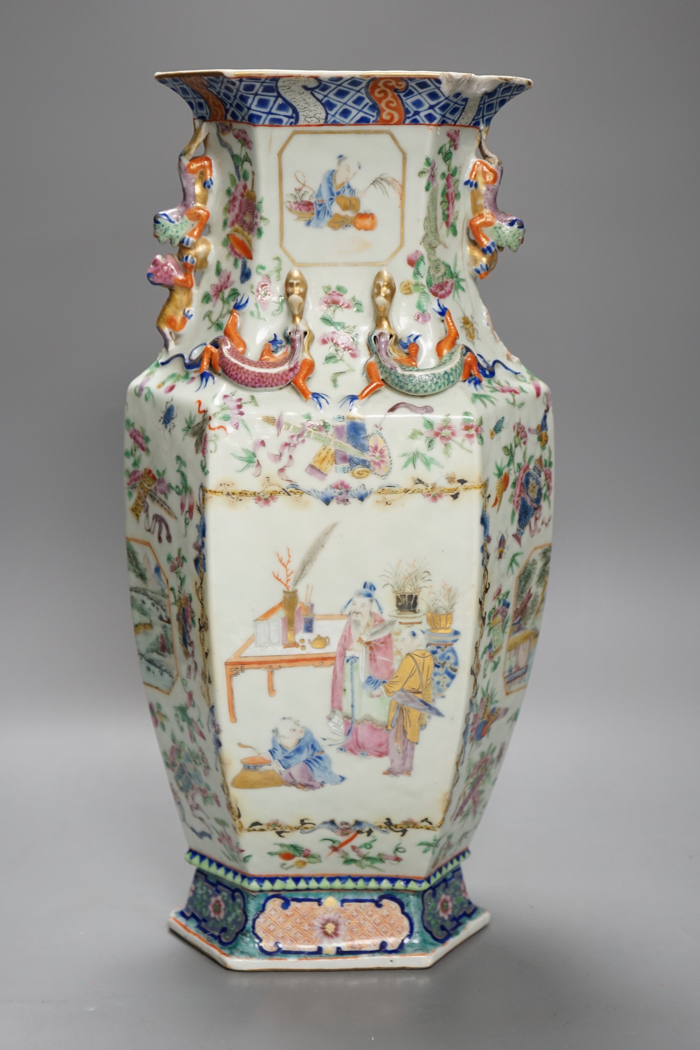 A 19th century Chinese famille rose hexagonal vase, 42cm
